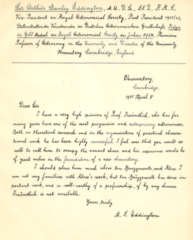 letter from Sir Arthur Eddington