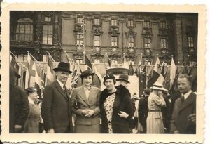 Grandparents in front of the Olympic flags in Berlin in 1936