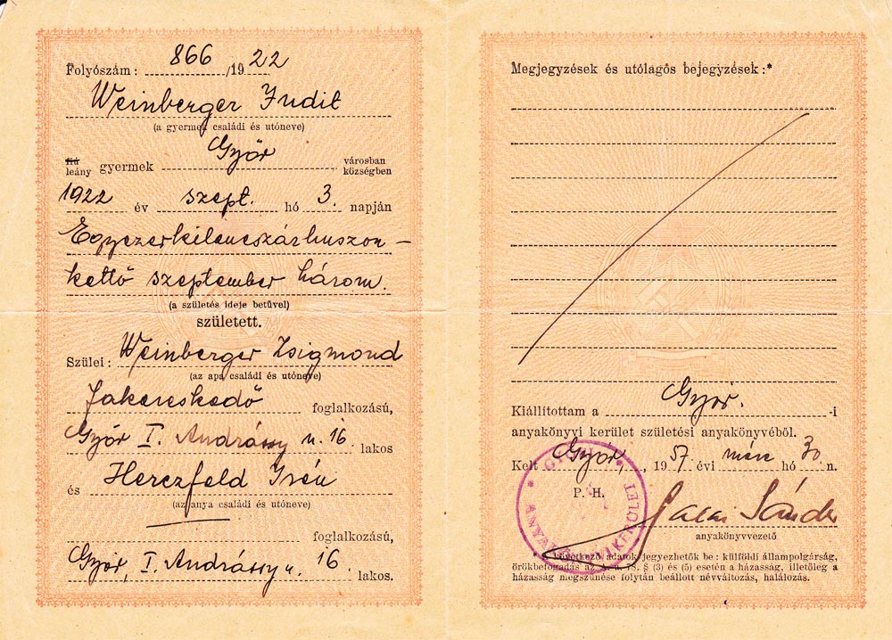 Copy of Judith Rosenberg's birth certificate