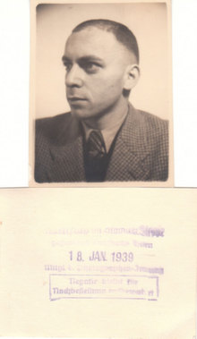 Martin Anson's ID  photo taken 18 January 1939, 19 days after his release from Dachau Concentration Camp note the cropped hair from being imprisoned
Back of the photo show the date taken and Studio